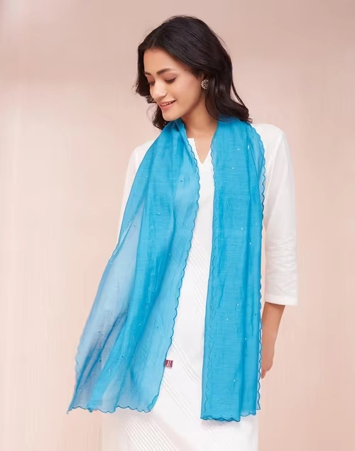 Blue Cotton Silk Woven Stole 4 Blue Cotton Silk Woven Stole