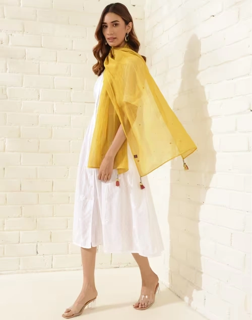 Yellow Cotton Silk Woven Stole 3 Yellow Cotton Silk Woven Stole