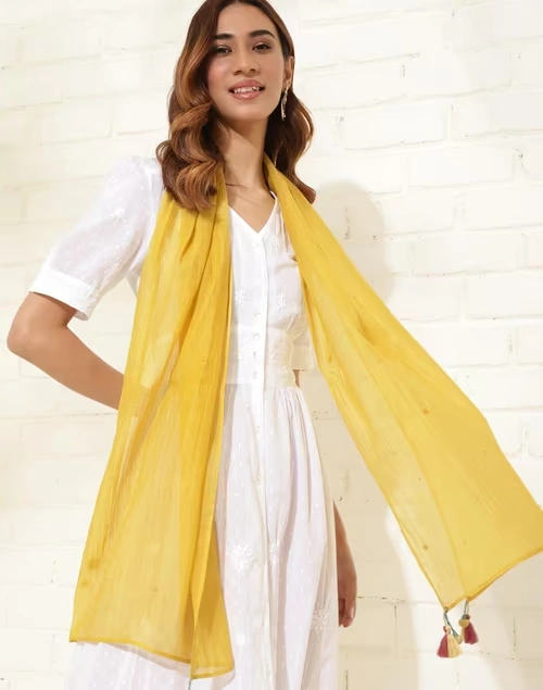 Yellow Cotton Silk Woven Stole 4 Yellow Cotton Silk Woven Stole