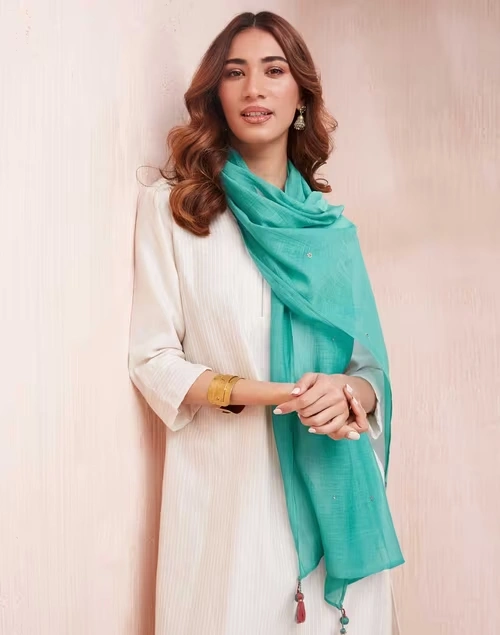 Turquoise Cotton Silk Woven Stole