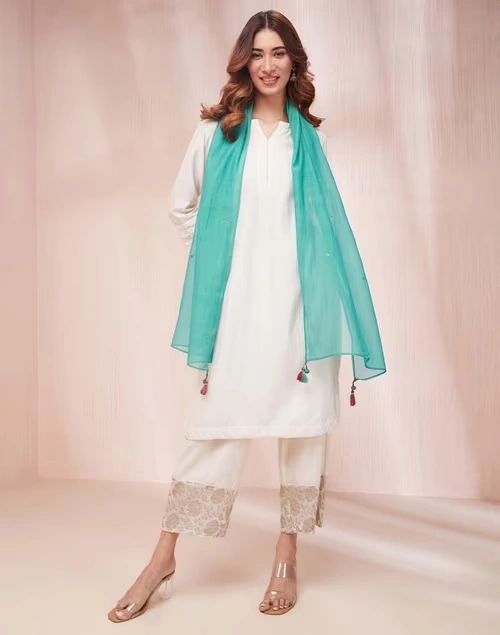 Turquoise Cotton Silk Woven Stole