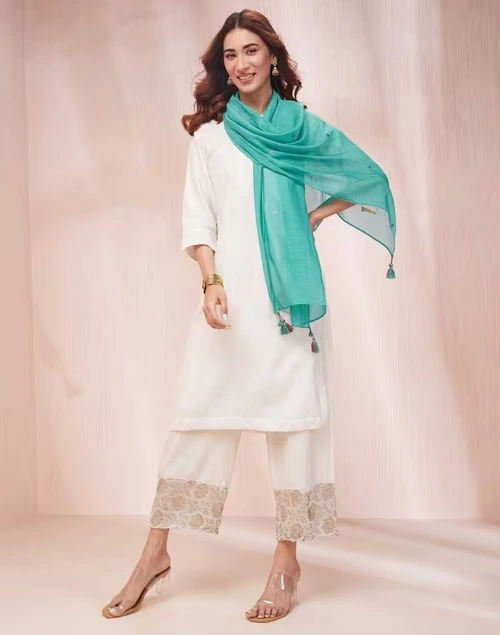 Turquoise Cotton Silk Woven Stole 3 Turquoise Cotton Silk Woven Stole