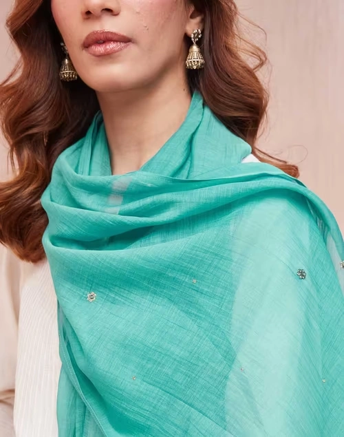 Turquoise Cotton Silk Woven Stole 4 Turquoise Cotton Silk Woven Stole