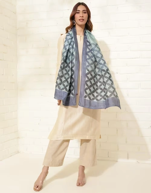 Grey Silk Printed Stole