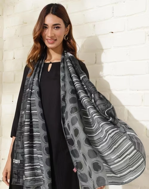Grey Silk Printed Stole