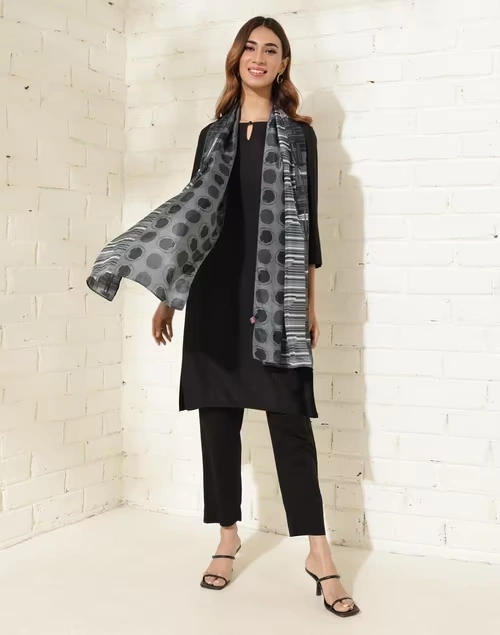 Grey Silk Printed Stole