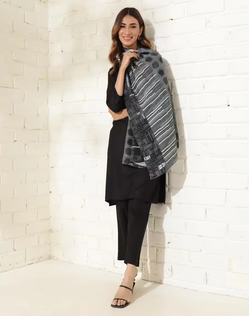 Grey Silk Printed Stole 3 Grey Silk Printed Stole