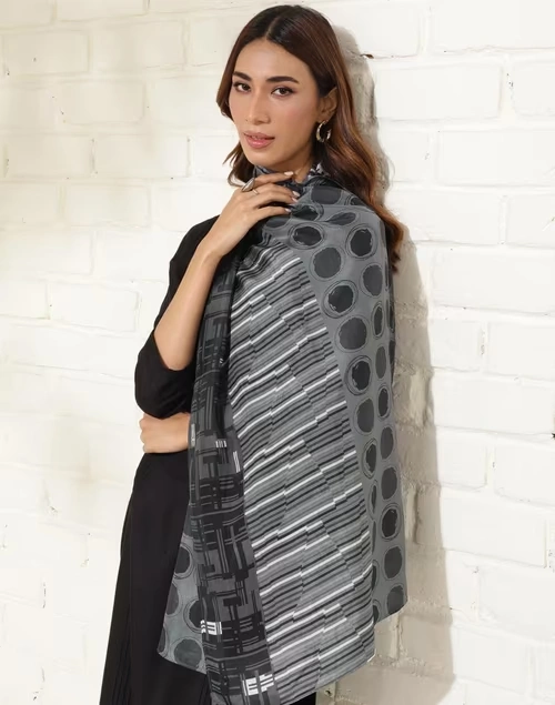 Grey Silk Printed Stole 4 Grey Silk Printed Stole
