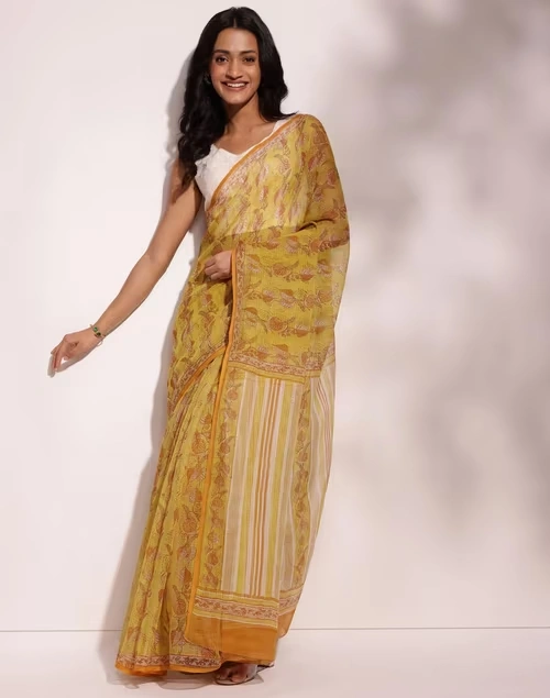 Mustard Cotton Silk Printed Sari