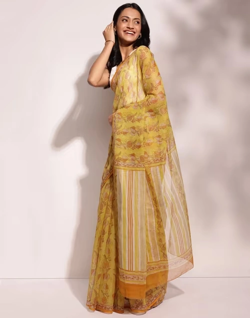 Mustard Cotton Silk Printed Sari