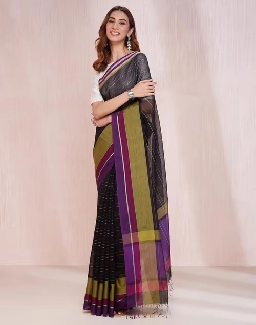 Black Viscose Blend Woven Sari