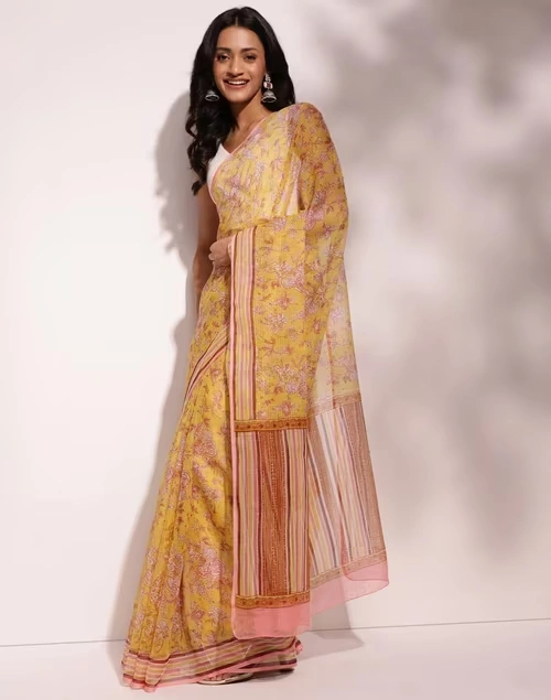 Mustard Cotton Silk Hand Block Printed Sari