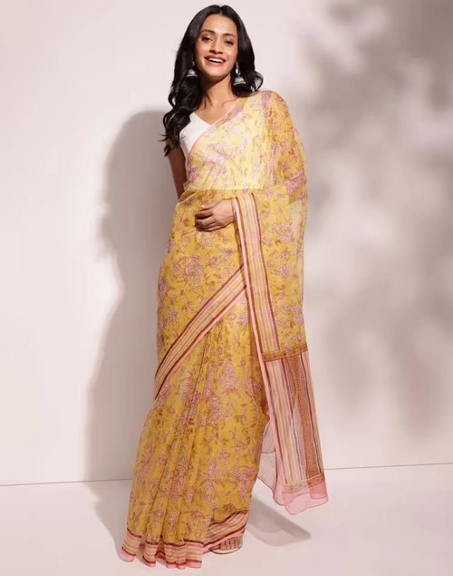 Mustard Cotton Silk Hand Block Printed Sari