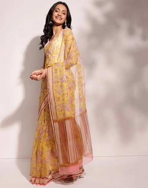 Mustard Cotton Silk Hand Block Printed Sari 3 Mustard Cotton Silk Hand Block Printed Sari
