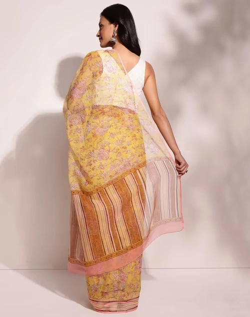 Mustard Cotton Silk Hand Block Printed Sari 4 Mustard Cotton Silk Hand Block Printed Sari