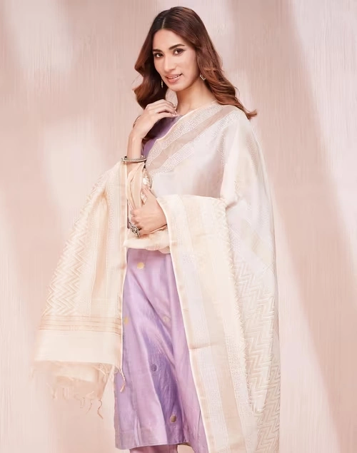 Beige Cotton Silk Blend Hand Block Printed Dupatta
