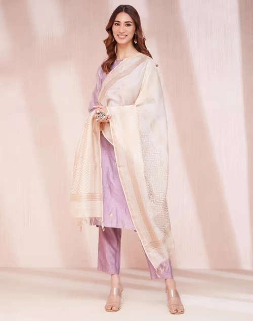 Beige Cotton Silk Blend Hand Block Printed Dupatta