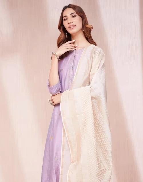 Beige Cotton Silk Blend Hand Block Printed Dupatta