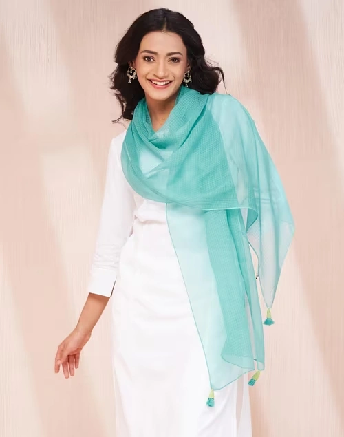 Turquoise Cotton Silk Woven Stole