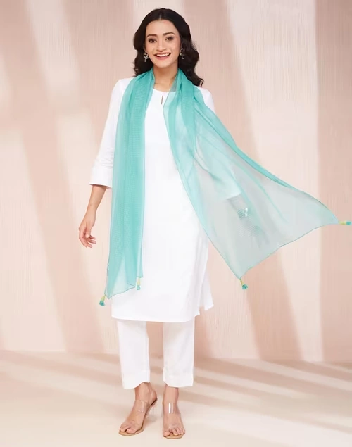 Turquoise Cotton Silk Woven Stole 3 Turquoise Cotton Silk Woven Stole