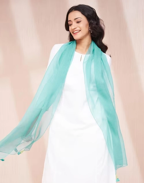 Turquoise Cotton Silk Woven Stole 4 Turquoise Cotton Silk Woven Stole