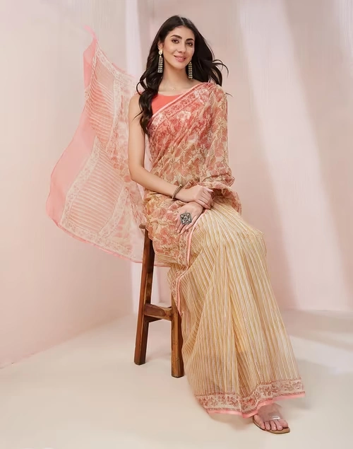 Natural Cotton Silk Hand Block Printed Sari