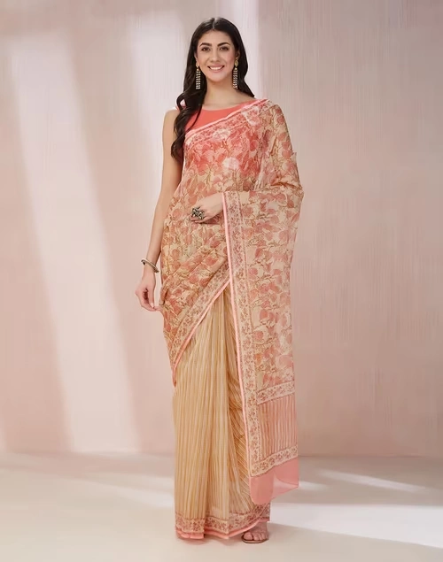 Natural Cotton Silk Hand Block Printed Sari