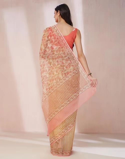 Natural Cotton Silk Hand Block Printed Sari