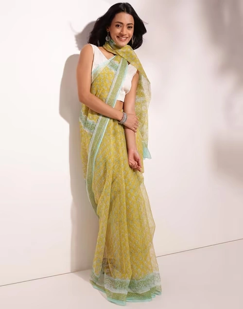 Green Cotton Silk Hand Block Printed Sari