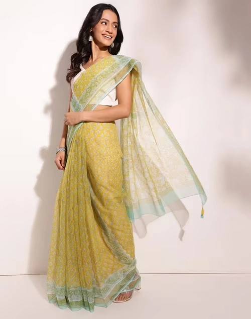 Green Cotton Silk Hand Block Printed Sari