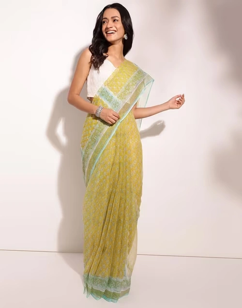 Green Cotton Silk Hand Block Printed Sari 3 Green Cotton Silk Hand Block Printed Sari