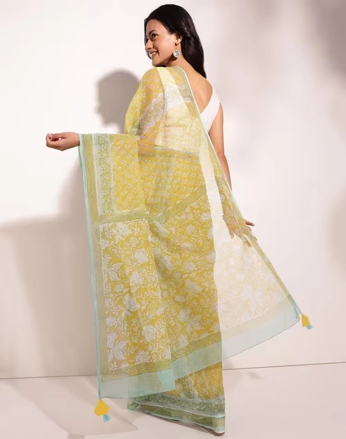 Green Cotton Silk Hand Block Printed Sari 4 Green Cotton Silk Hand Block Printed Sari