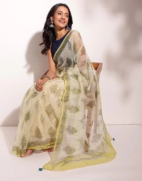 Green Cotton Silk Hand Block Printed Sari