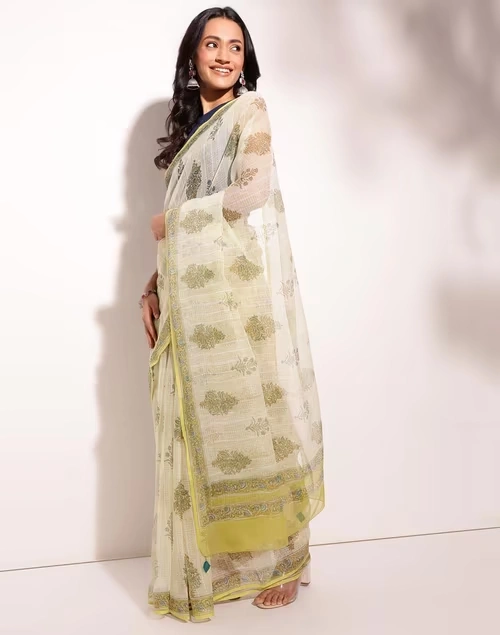 Green Cotton Silk Hand Block Printed Sari