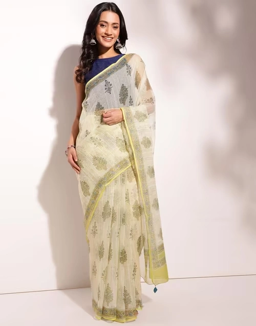 Green Cotton Silk Hand Block Printed Sari 3 Green Cotton Silk Hand Block Printed Sari