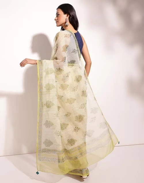 Green Cotton Silk Hand Block Printed Sari 4 Green Cotton Silk Hand Block Printed Sari