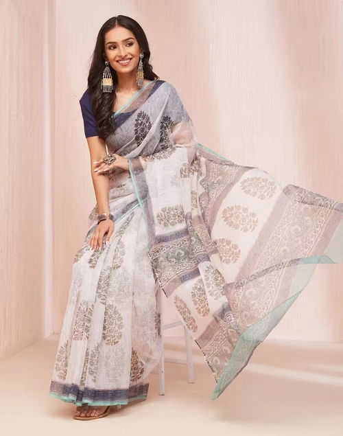 Natural Cotton Silk Hand Block Printed Sari