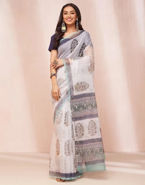 Natural Cotton Silk Hand Block Printed Sari