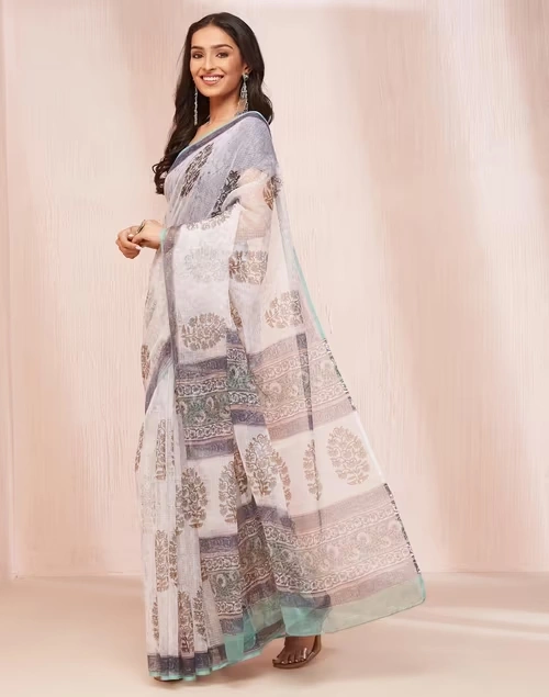 Natural Cotton Silk Hand Block Printed Sari