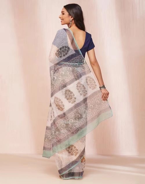Natural Cotton Silk Hand Block Printed Sari