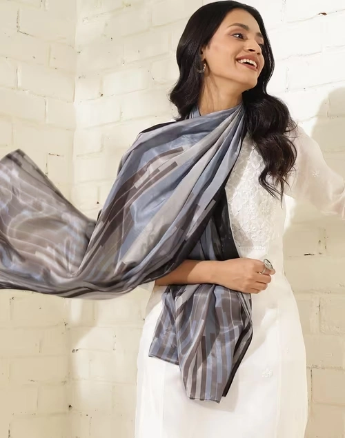 Grey Viscose Blend Printed Stole