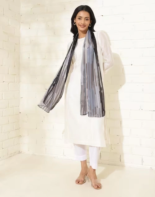 Grey Viscose Blend Printed Stole