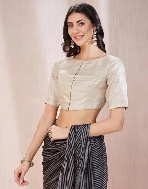 Beige Silk Woven Stitched Blouse