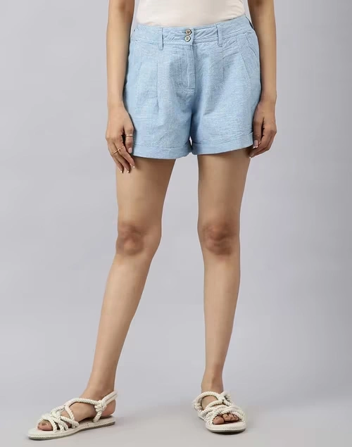 Blue Cotton Linen Shorts