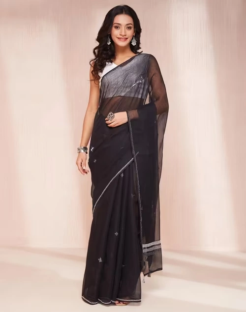 Black Cotton Silk Embroidered Sari