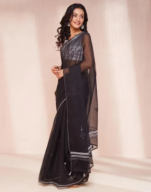 Black Cotton Silk Embroidered Sari 3 Black Cotton Silk Embroidered Sari