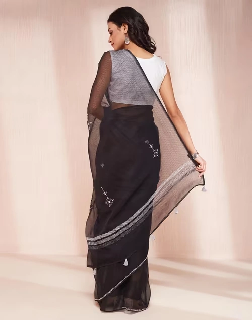 Black Cotton Silk Embroidered Sari 4 Black Cotton Silk Embroidered Sari