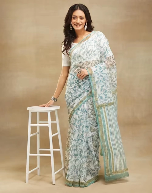Light Blue Cotton Silk Hand Block Printed Sari