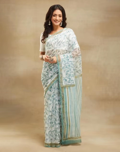 Light Blue Cotton Silk Hand Block Printed Sari