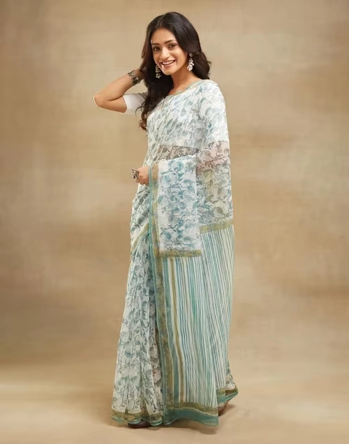 Light Blue Cotton Silk Hand Block Printed Sari 3 Light Blue Cotton Silk Hand Block Printed Sari